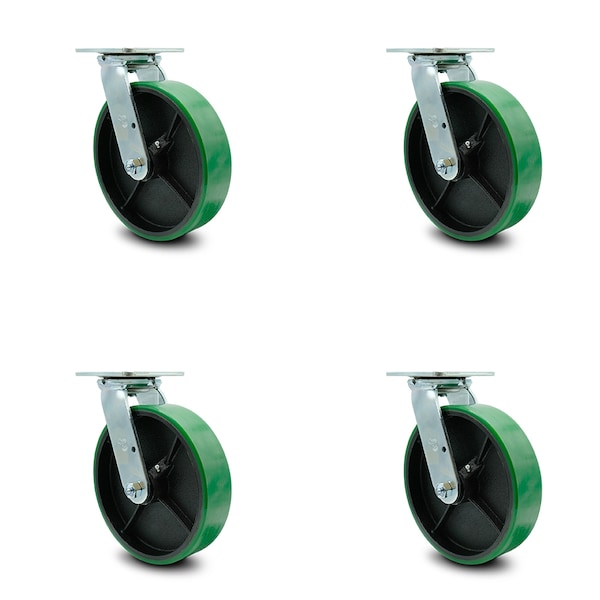 8 Inch Green Poly on Cast Iron Wheel Swivel Caster Set with Ball Bearings SCC